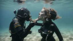 A man and a woman dressed in old diving suits try to kiss underwater.