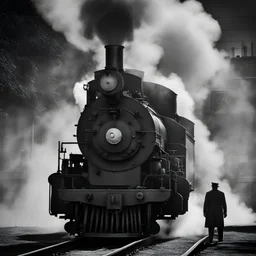 steaming old locomotive facing the camera, fuming ,minimalist, cool, clinical, urban, iconic, conceptual, sparse, black and white