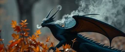 portrait of asquirrel black dragon in autumn, breathing smoke