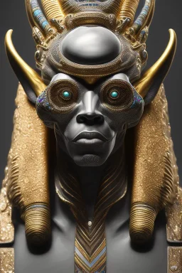 Anunnaki black male African Egyptian alien, cracks in the voodoo head, wicked, eyes, crown, Elephant, 8k, finely detailed, photo realistic, tiger turquoise skull head gold dragon space alien snow skeleton gold olmec silver crown silver eyes