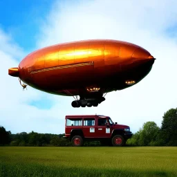 award winning photograph of a steampunk house-fly ufo dirigible designed by only one vehicle per image painted metallic orange traveling at a high rate of speed, jet intake off of front center of vehicle and jet exhaust out the rear bilaterally symetrical,