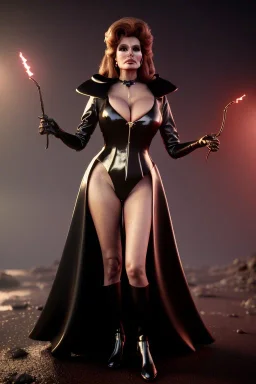 Raquel Welch as evil queen in black leather gown, angry, busty, curvey, cleavage, unreal 5, octane render, cinema4d, dynamic lighting, dramatic lighting, 4k, redshift render, highly detailed, hyper realistic