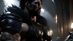 [ The man possesses robust muscles, His short, spiky black hair stands on end. Clad in black metal armor, his shoulders remain exposed. Leaning against a colossal black lion with white fur, he emanates an aura of power and prowess. ] unreal engine, hyper real , real life , realistic , mortal kombat 11