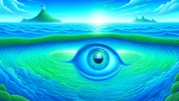 fantasy illustration of a beautiful pacific ocean, blue colors with big green eyes