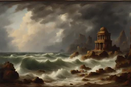 Andreas Achenbach tufting tapestry oil impasto painting stormy sea shores islands ancient temple, in portrait studio