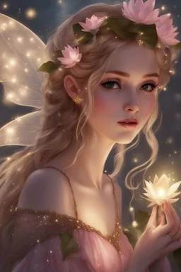 Blonde hair ,Pink dress,Sparkling fairy wings,Very long golden hair,Fairy crown,pointed ears,elven ears,fairy wings,water lilies,sparkling,glittering,flowers,blossoms,golden crown,light pink dress