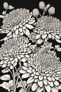 outline art of Chrysanthemums only black and white, no colour , White background. sketch style, clean line art, white background, no shadow and clear, no people, no colour, for book