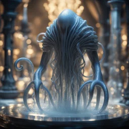 foaming giger escher ogre illithid araknid sculpture in transparent murano glass beeing sprinkled by light fountain,bokeh like f/0.8, tilt-shift lens 8k, high detail, smooth render, down-light, unreal engine,bokeh like f/0.8, tilt-shift lens 8k, high detail, smooth render, down-light, unreal engine