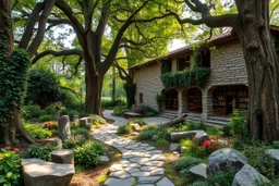 Panoramic Library Gardens: Medieval fantasy meets ancient nature. Winding stone paths under towering trees form a living cathedral. Vines and flowers cascade, while plants cling to ancient trunks. Natural seating areas of smoothed boulders and fallen logs. The library, built of fieldstone and timber, emerges from the landscape with large openings. Dappled sunlight illuminates quiet reading nooks. Style: natural textures, light play. Colors: deep greens, earth tones, jewel-toned flowers, golden