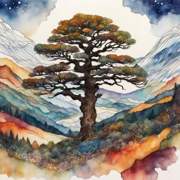 random watercolor Zentangle patterns in the styles of Gustav Klimt ,Wassily Kandinsky, Alphonse Mucha, and Kay Nielsen that depicts an ancient Bristlecone Pine at a high Rocky Mountain plateau , with fine ink outlining