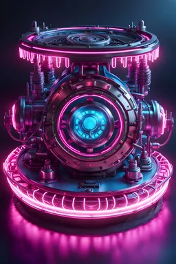 Expressively detailed and intricate 3d rendering of a hyperrealistic : cyberpunk objects, time machine, blue and pink neon, dystopian, front view, symetric, artstation: award-winning: professional portrait: fantastical: clarity: 16k: ultra quality: striking: brilliance: amazing depth: masterfully crafted.