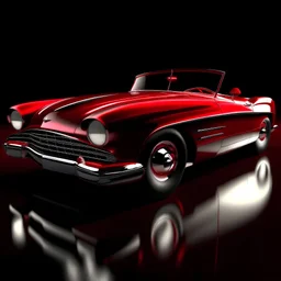 Description: A vintage red convertible sports car captured against a plain background, showcasing its glossy metallic red paint that glistens under soft studio lighting. The car features sleek curves, chrome accents, and a black fabric convertible top. Shadows cast beneath the car enhance its realism, while reflections highlight the smooth surface of the body.