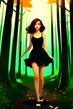 young beatitiful woman, dreamy, small black tube dress with thin black straps, light hearted, drawing, comic style, full body shot, dark auburn hair, slightly curly hair, green eyes, freckles, black high heels, orange autumn forest background, art station