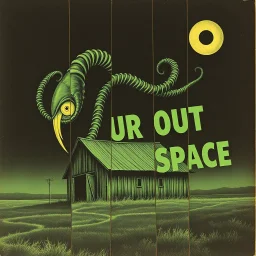 gnarly cosmic horror illustration from golden age of Weird Tales by Bill Elder, faded colors, dark negative space, TEXT "COLOUR OUT OF SPACE" in vintage block font, surreal, nihilistic, segmented separated lovecraftian glowing eye tentacle corruption on small barn, meandering offset coherence across multiple diagonal offset separated panels, minimalism, foreboding photo negative prismatic spray, Eldritch atmosphere