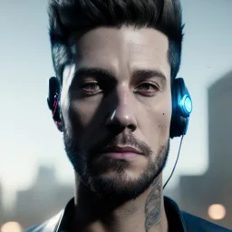 portrait, beautiful male DJ cyborg with headphones Christian Boshell, post-apocalyptic in a cyberpunk city, realistic, intricate detail, sci-fi style, volumetric lighting, particles, highly detailed, cinematic, deep Generate ultra-high-resolution, photorealistic image style of an overwatch character in nightclub.