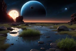 Dark blue sky with one exoplanet in the horizon, rocks, puddle, weeds, sci-fi movies influence, epic