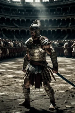 A white male muscular armored Gladiator in the dusty filled arena of ancient Rome . He has a special Celtic armor on. He is wearing no helmet. He has battle scars. He is holding a broadsword.He is victorious over many. He is facing straight ahead. There are body’s of other vanquished gladiators laying lifeless on the ground around him.