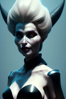 Constance Langdon as evil queen in black leather, leather, busty, cleavage, angry, stern look. character design by cory loftis, fenghua zhong, ryohei hase, ismail inceoglu and ruan jia. unreal engine 5, artistic lighting, highly detailed, photorealistic, fantasy