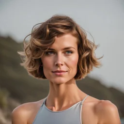 beautiful woman, standing frontal, short silver triathlon swimsuit, wavy bob haircut, photographed in front of beach, raw