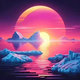 arctic with iceberg, synthwave picture style with light pixel, the sunset on the horizon, with a big pixelated sun and a half moon