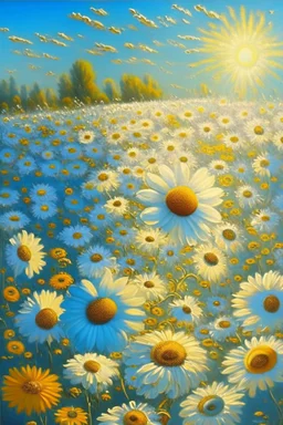 beautiful daisy flowers in a field of flowers, their petals blowing in the sun, by Louis Wain, Catherine Abel, Gediminas Pranckevicius, fantasy, oil on canvas, beautiful, ultra detailed, crisp quality, colourful, high definition цифровая живопись высокое разрешение отмеченный наградами ультра подробный пиксар Vinogradova Svetlana