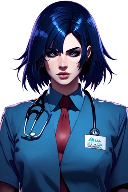 Cyberpunk science fiction woman with dark blue hair who is also a doctor that is gritty