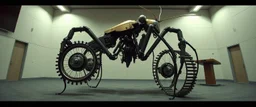 in the style of Escher and Giger and Fallout 4, pinhole cam, airbrush 3d rendering, on tv screen:A five-second cinematic single take in a clean industrial presentation hall. A bizarre mechanically plausible tracked atv machine stands beside a presentation podium, designed to look like a giant mechanical praying mantis. Two large bicycle wheels form its main body and four thin articulated mechanical legs support it. Two long folded mechanical front arms resemble mantis forelegs, huge head and arm