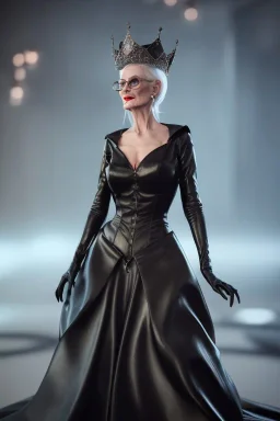 Carmen Dell`orifice as evil queen in black leather gown, angry, busty, curvey, cleavage, unreal 5, octane render,cinema4d, dynamic lighting, dramatic lighting, 4k, redshift render, highly detailed, hyper realistic