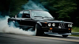 Black BMW XM drifting in the white smoke, rear view, cinematic, luxurious --chaos 80 --ar 16:9 --style raw --stylize 700