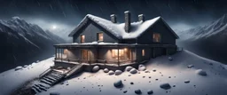 Hyper Realistic areal view of an abandoned house on the top of a mountain at heavy snowfall night