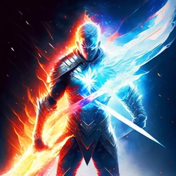 A superhero man with infinite power and technology from the galactic race, with a double-edged sword of fire and ice.