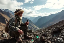 a dramatic image of a gem explorer in rugged terrain—such as a miner in Afghanistan’s Panjshir Valley, a Tanzanian artisan digging for spinel, or a Colombian emerald hunter—to visually anchor your article and highlight the adventure behind these investments.