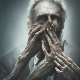 Extremely detailed portrait of a man covering his fading face with multiple hands growing out of his palms, digital painting.