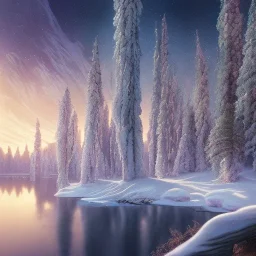 the most beautiful, stunning, magical winter forest surrounding reflective lake and vibrant, brilliant northern lights filling the sky, high-quality, fine-detail, 8k resolution, photorealistic, extremely intricate, digital art, detailed matte, volumetric lighting, dynamic lighting, brian froud, howard lyon, selina french, anna dittmann, annie stokes, lisa parker, greg rutowski,