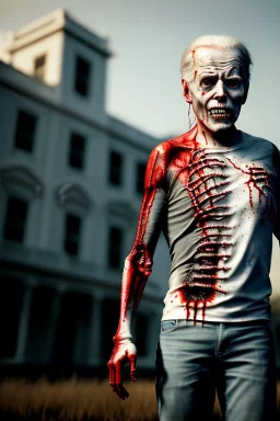 Ultra realistic image, joe biden zombie, zombie performance, skull, blood, torn arm, night, walking twisted, waist up view, thriller style, dark ambient, highly detailed, White House background, concept art, unreal engine 5, god rays, ray tracing, RTX, night lighting, ultra detail, volumetric lighting, 3d, finely drawn, high definition, high resolution.