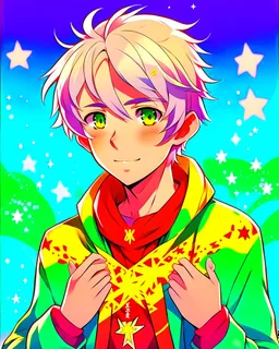 Boy, short white hair, wears a green shirt with yellow stripes, wears a red scarf, has light green eyes, his shirt has a star print, around him, uses star power in his hands, background with various colors and stars, HQ anime manga drawing style