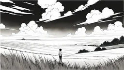 manga, makoto shinkai, monochrome, black background, sketch, simple, maximum quality, centered in frame, far view, in the middle of a grassy hill, white sky with cumulonimbus