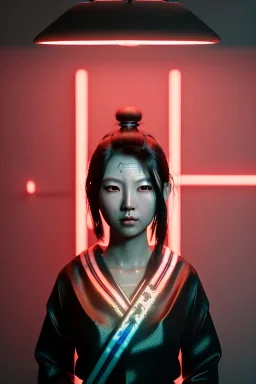 Studio photo portrait, Asian woman samurai,cyberpunk,red, white, black, led wires, glow eyes, cinematic, Ultra realistic, wide angle view, soft color, highly detailed, unreal engine 5, RTX, ultra detail, 3d, finely drawn, high definition.