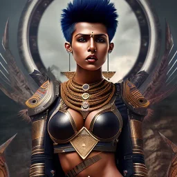 fantasy setting, woman, dark-skinned, indian, ranger, 23 years old, mohawk haircut, mohawk haircut, long hair