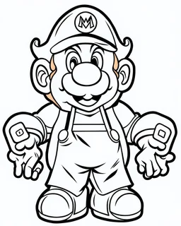 outline art for Mario coloring page, Japanese manga style, cartoon style, cute face, white background sketch style, full body is a must, only use outline, clean line art, no shadow, bold outline