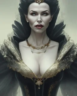 old evil queen in black leather gown, volouptous, busty, cleavage, angry, emperious, 8k resolution concept art portrait by Greg Rutkowski,