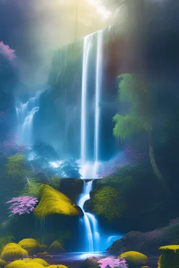 waterfall, planets, deep colors, land, floral, trees, cinematic lighting, octane render, ambiance, professional photo