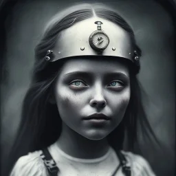 a little girl looking like a pirate, steam punk, scary, horror, realistic, made in octane, cinematic, ultra-realistic, extremely detailed octane rendering, 8K, VRAY Super Real ar 2:3, dof photorealistic futuristic 50mm lens hard lighting dark gray tintype photograph, realistic lighting, sephia colors