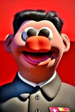 Waist up muppet Portrait, Kim Jong-un muppet doll, black suit, photo studio, red background, unreal engine 5, concept art, art station, god lights, ray tracing, RTX, lumen lighting, ultra detail, volumetric lighting, 3d.