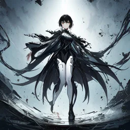 Anime girl with short black hair and sharp green eyes, holding a pike, full body black and white metal plate armour, close full body shot, Dramatic lighting,1woman, soaked in blood, standing pose, lean body, simplistic background