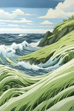 landscape of waves and a grassy cliff with tall grass in the style of hirohiko araki