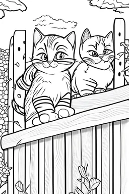 coloring page for kids, Cats on a fence, cartoon style, thick lines, low detail, no shading