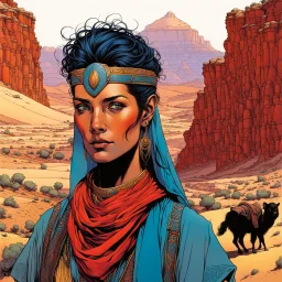 create an portrait of a nomadic shepherdess with highly detailed feminine facial features, inhabiting an ethereal desert canyon land in the comic book style of Jean Giraud Moebius, David Hoskins, and Enki Bilal, precisely drawn, boldly inked, with vibrant colors