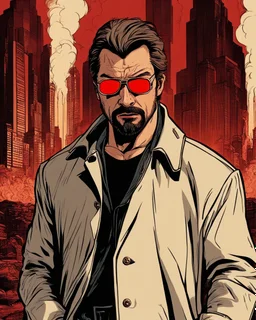 a young man with big muscles who looks like hans gruber wearing a trench coat and red sunglasses staring with an irritated look on his face standing in front of a large fire