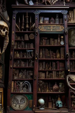 Within the cabinet of Curiosities , each shelf held a treasure trove of peculiar and enigmatic artifacts from distant lands and bygone eras .